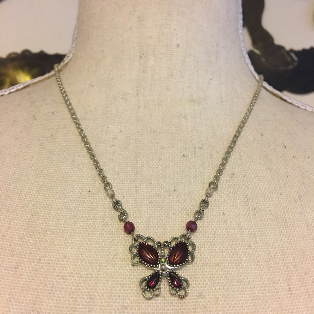 Bronze enamel butterfly necklace sparkle accents